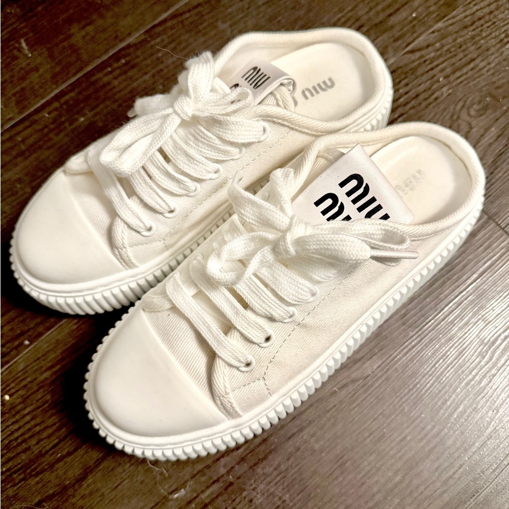 Miu Miu Cream Canvas Slip-On Sneakers